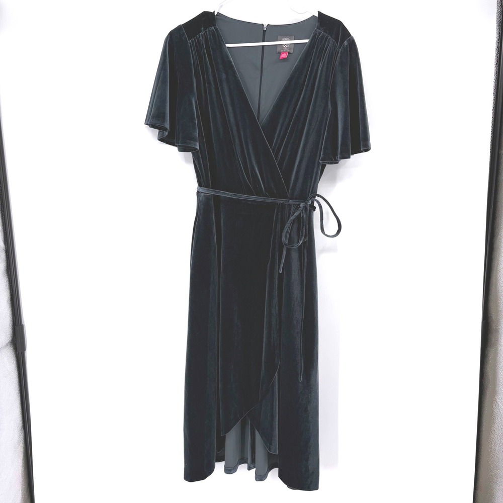 Vince Camuto Wrap Midi Dress 12 Velvet Flutter Sleeve High-Low Cocktail‎